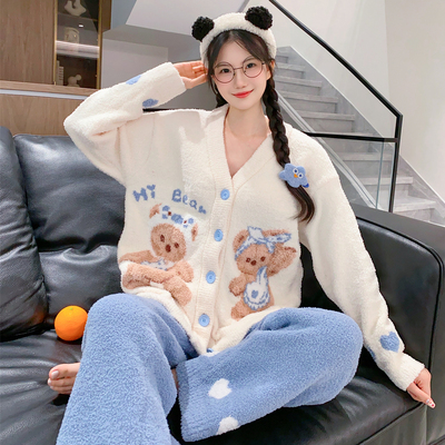 可爱小熊软绵绵半边绒家居服女