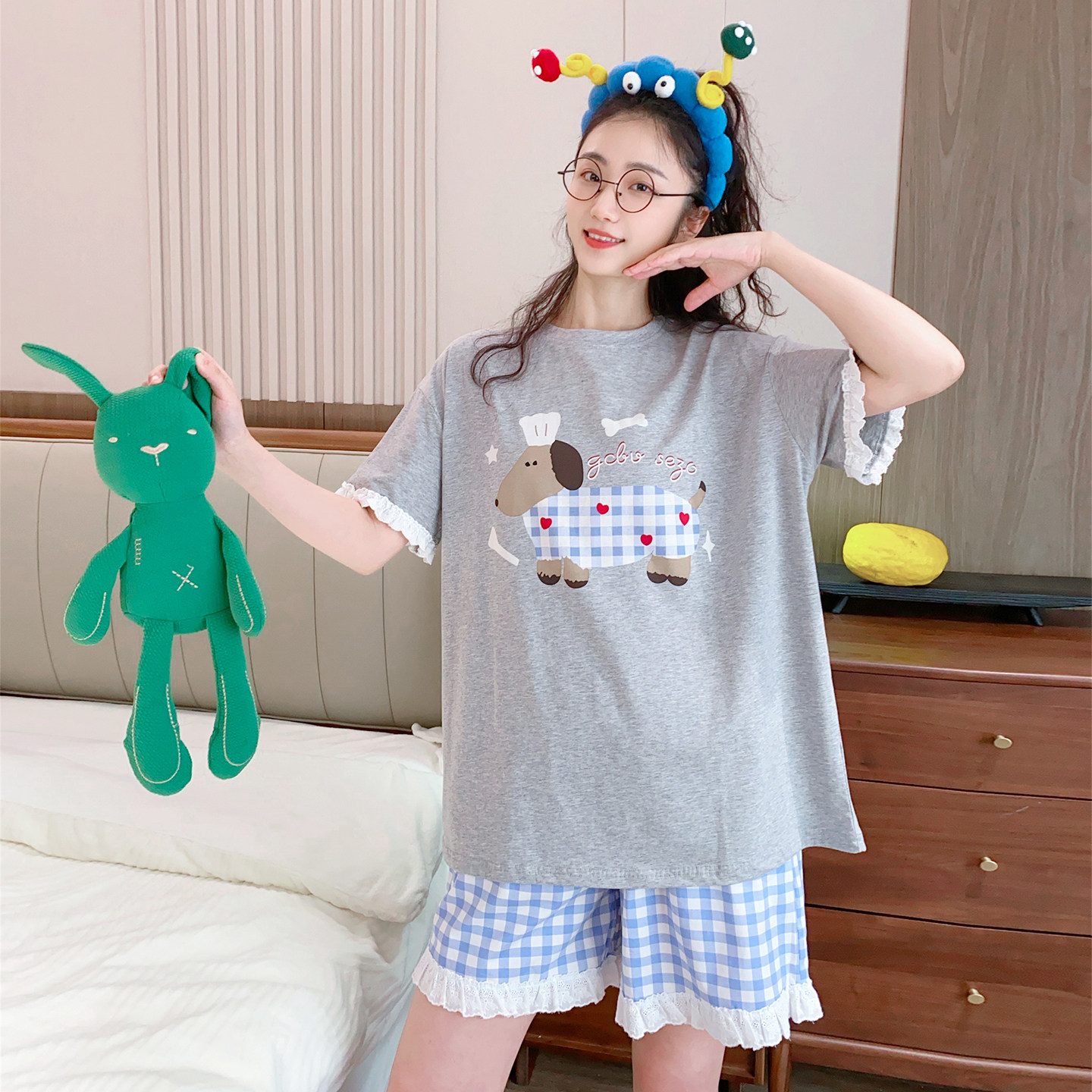 小狗短袖短裤睡衣女夏季纯棉薄款宽松休闲格子裤甜美可爱家居服