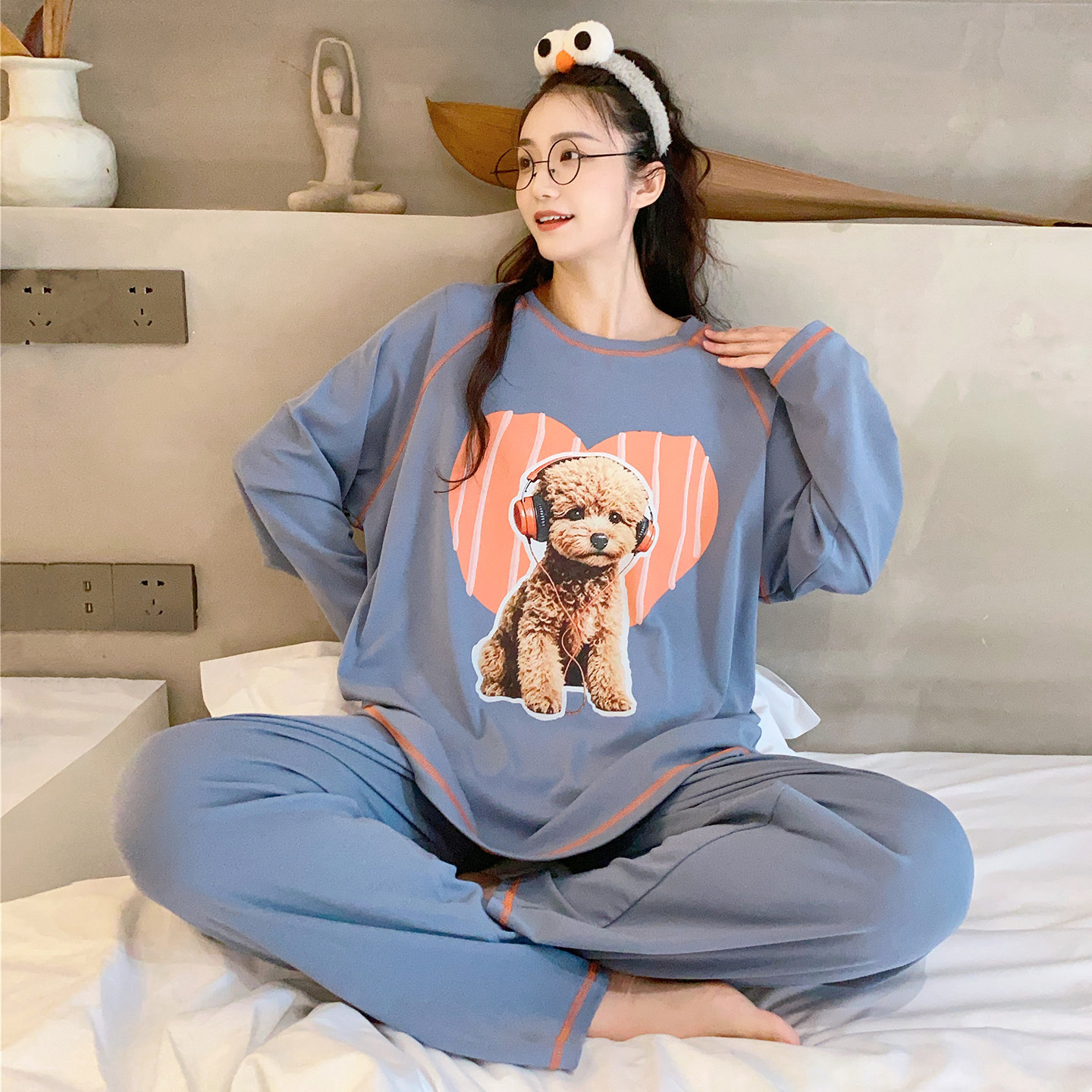 撞色长袖睡衣女秋季纯棉宽松大码