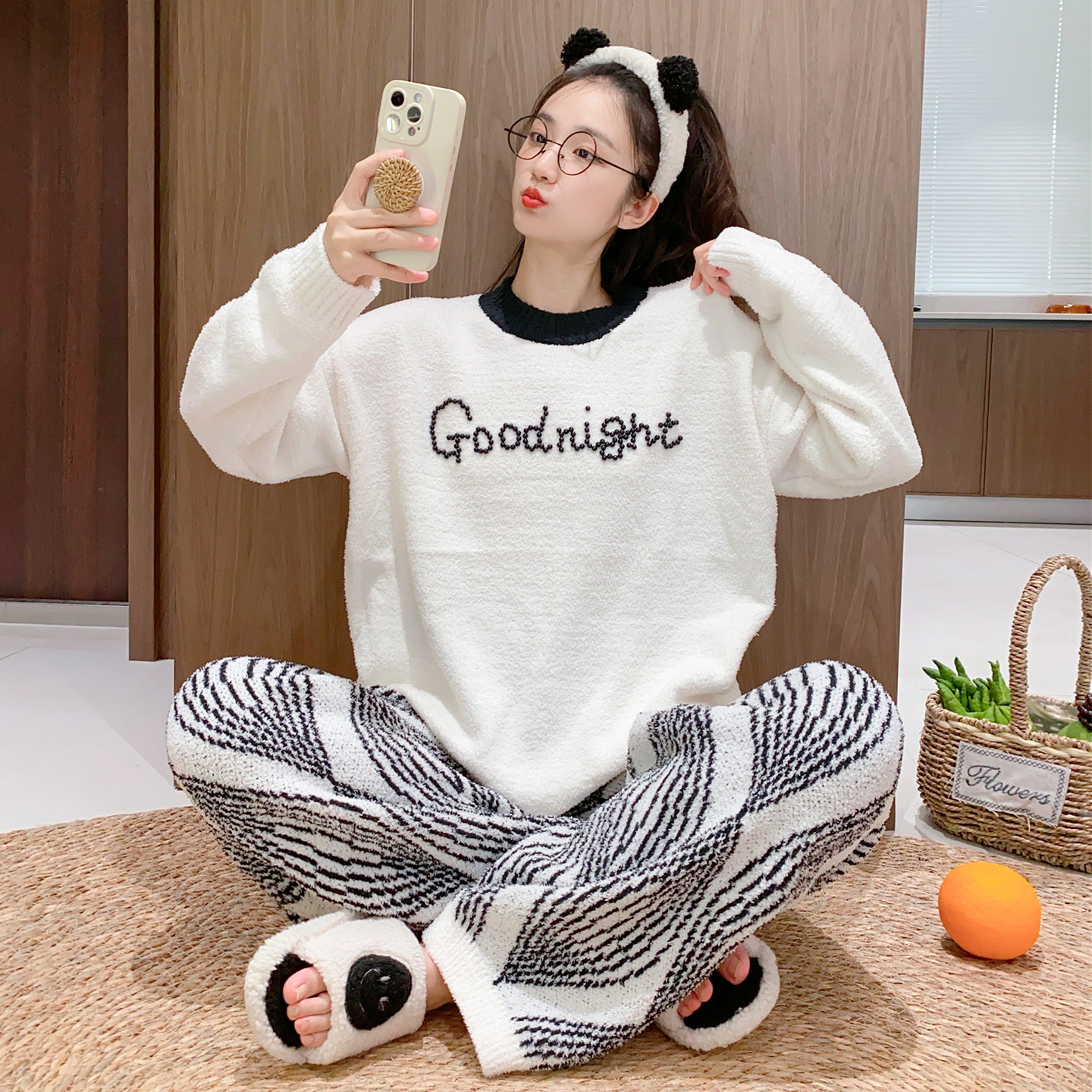 简约半边绒保暖家居服女冬季