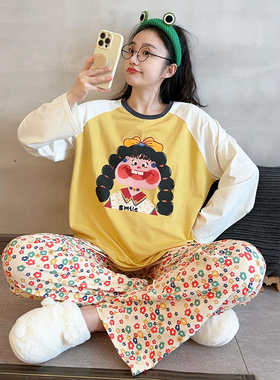 动漫卡通春秋睡衣女长袖纯棉休闲宽松可外穿青年可爱圆领家居服
