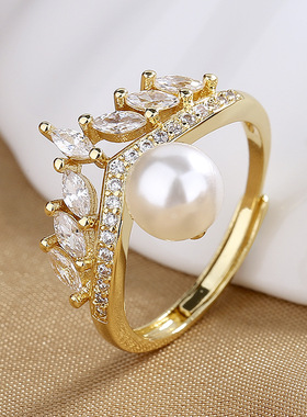 复古法式轻奢皇冠珍珠戒