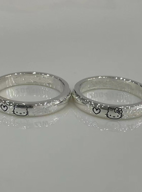 S925纯银可爱凯蒂猫爱心戒指情侣对戒hellokitty开口指环卡通涂鸦
