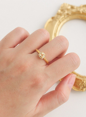 S925纯银小方糖黄钻戒指女18K金