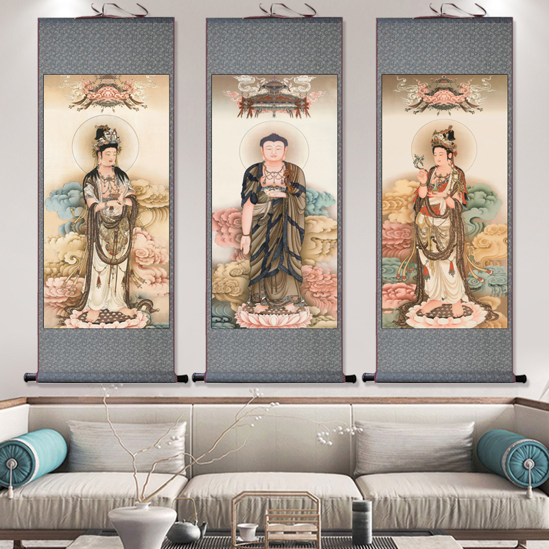 阿弥陀佛福禄寿喜年画仿古挂画寺庙佛堂装饰卷轴壁画丝绸礼品装饰