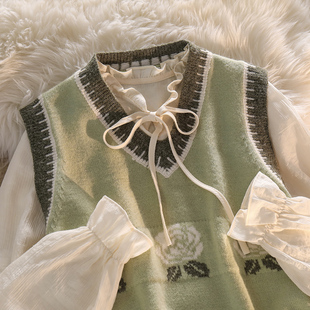 春秋季 叠穿针织背心女 抹茶绿提花针织V领马甲两件套女系带雪纺衫