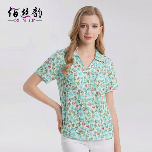 桑蚕丝印花翻领短袖薄款休闲T恤