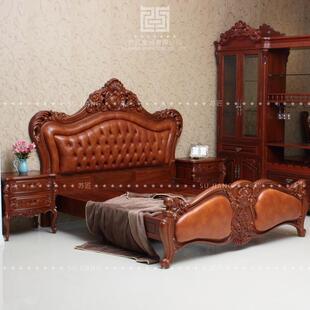 红木家具欧式床真皮1.8米刺猬紫檀花梨木手工雕花特价包邮全实木
