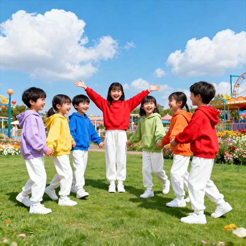 糖果色儿童卫衣幼儿园小学生纯棉带帽多巴胺薄款加绒亲子套装班服