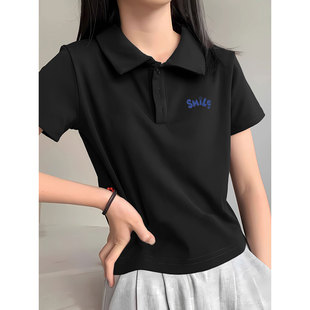 纯棉休闲简约别致 胖东来夏季 正肩翻领钮扣Polo衫 短袖 T恤女常规款