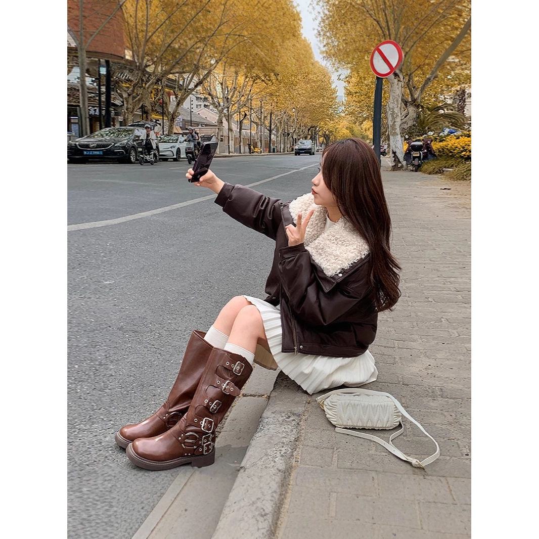 胖东来2025新款百搭小羊皮棉衣女短款羊羔毛羽绒棉服冬季翻毛领棉