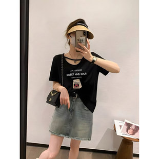 T恤女宽松休闲常规上衣百搭体恤设计感小众 胖东来黑色V领镂空短袖
