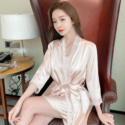 胖东来睡衣女春秋性感冰丝仿真丝绸吊带睡裙五分袖睡袍两件套家居