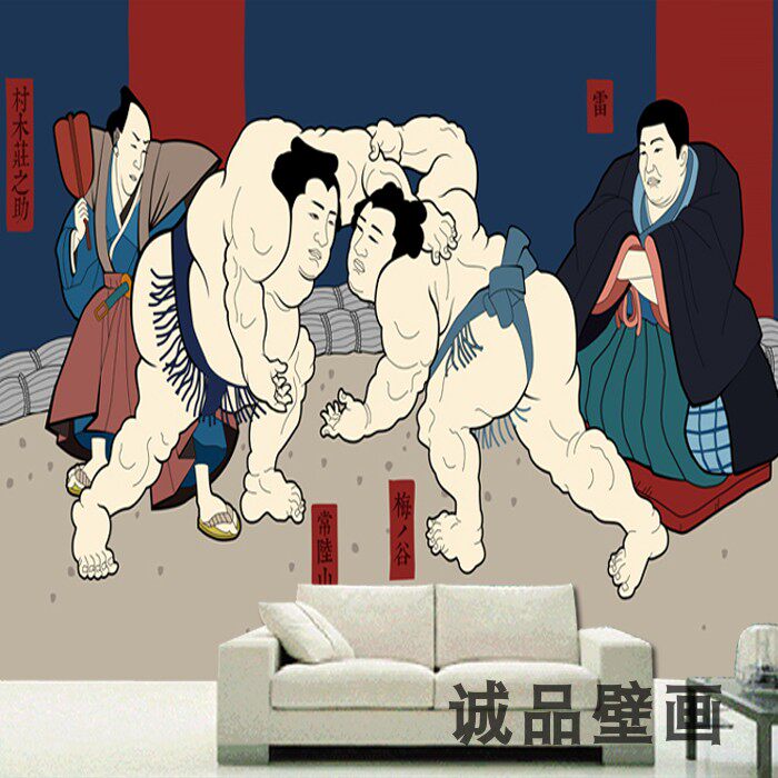 日本相扑摔跤大力士墙纸日系日式风格墙布胖横杠壁纸餐厅壁画背景