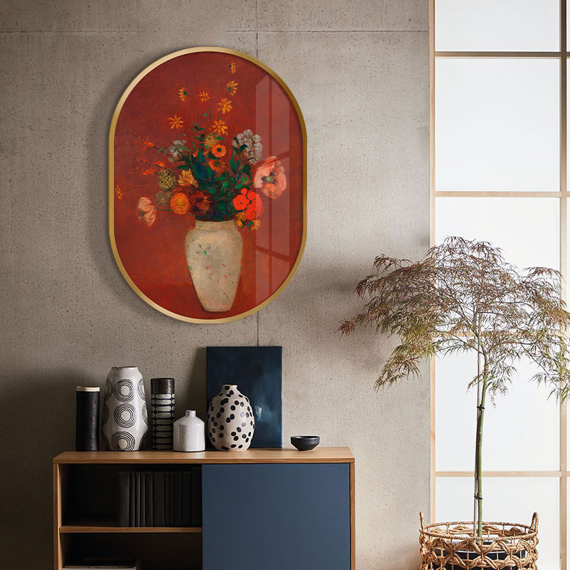 雷东花卉静物装饰美式复古植物挂画客厅餐桌边柜墙上壁画圆形胶囊图片