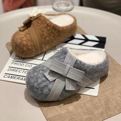 法式复古灰色毛毛拖鞋女外穿2025新款冬蝴蝶结厚底加绒保暖棉拖鞋