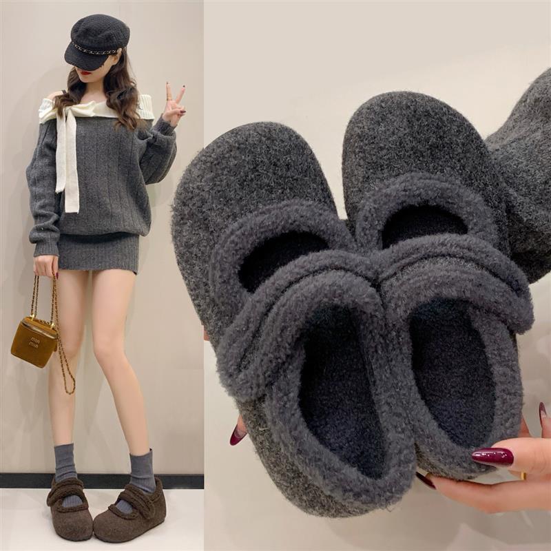 内增高厚底加绒勃肯玛丽珍鞋女灰色毛毛鞋女冬外穿韩版呢子棉鞋子