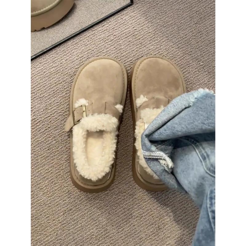 牛皮版~厚底加绒勃肯鞋百搭一脚蹬毛毛鞋雪地靴小个子休闲棉鞋女