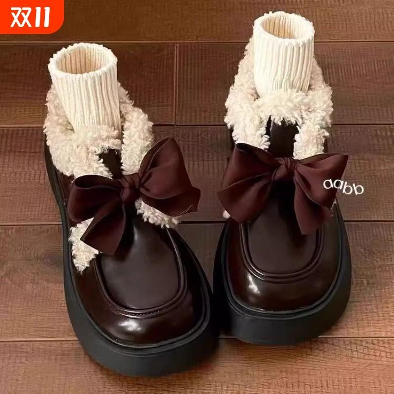黑色英伦风厚底小皮鞋女2025新款加绒保暖可爱玛丽珍鞋毛绒棕色