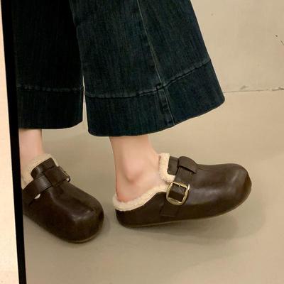 皮面勃肯毛毛棉拖鞋女外穿2025秋冬新款厚底一脚蹬加绒包头半拖鞋