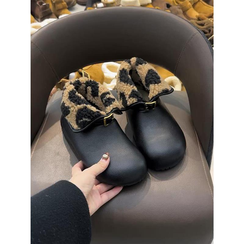 黑色豹纹雪地靴女2025冬季新款皮毛一体短靴两穿厚底加绒毛毛棉鞋