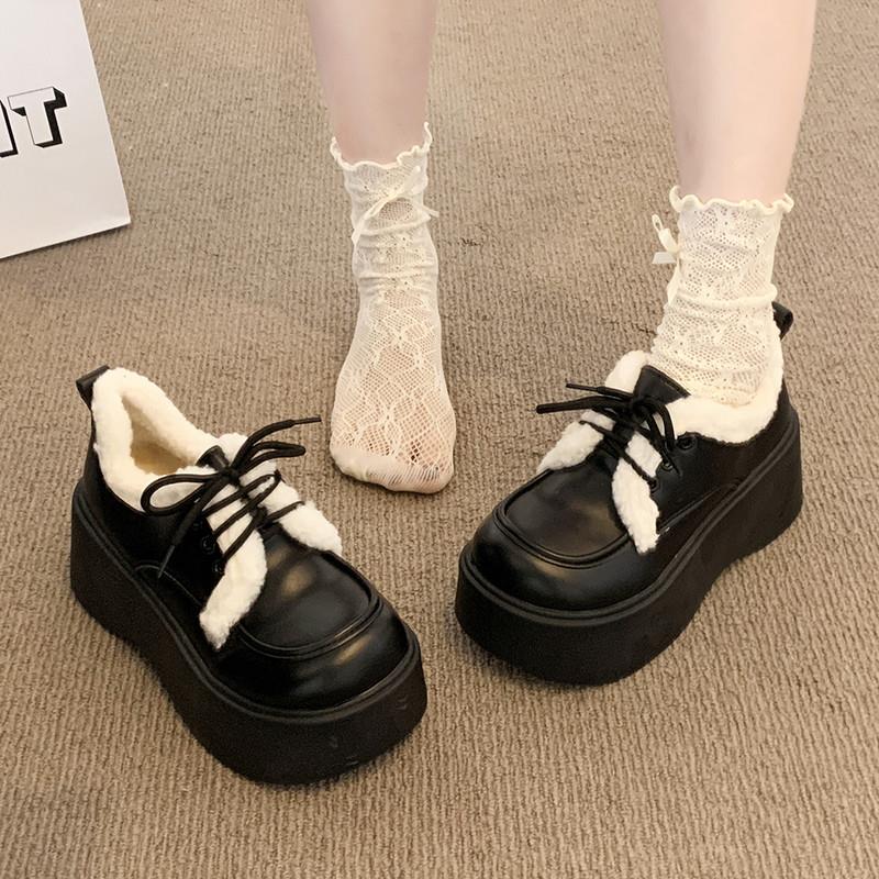 网红爆款加绒松糕厚底学生毛毛小皮鞋女冬2025新款增高雪地靴棉鞋