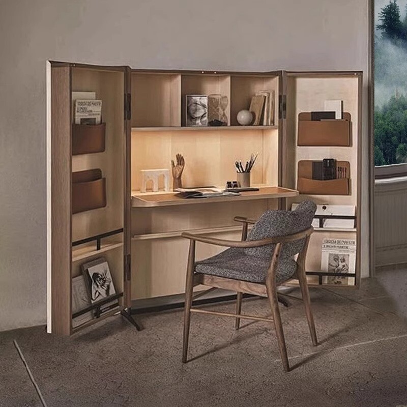 北欧复古风实木书柜书桌书架电脑桌写字台家用书台连体书桌柜组合