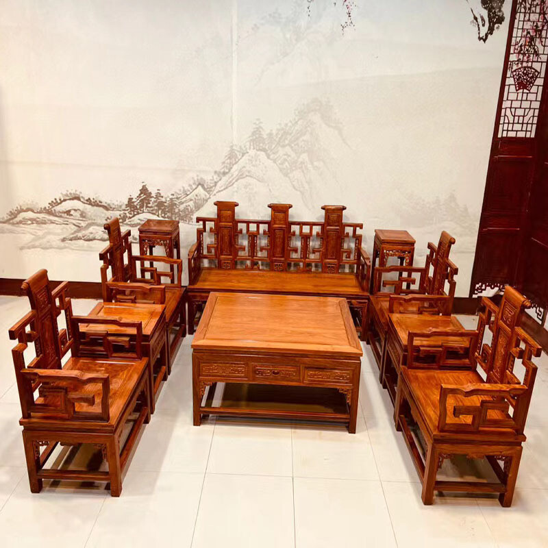 红木家具刺猬紫檀卷书沙发十件套大户型沙发别墅客厅实木沙发茶几
