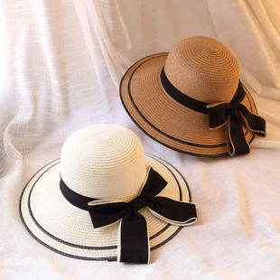 户外蝴蝶结滚边草帽女夏天大檐女士遮阳帽防晒太阳帽夏季沙滩帽子