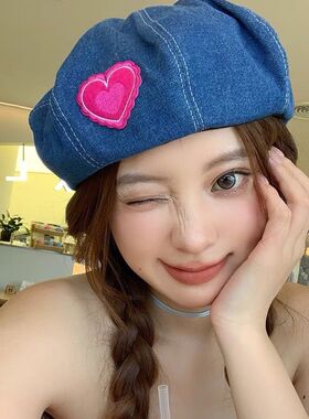 日系百搭牛仔爱心显脸八角帽