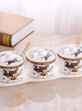 厨房用具 陶瓷 创意调味罐三件套带瓷盘 调料罐盐罐调料盒调味盒