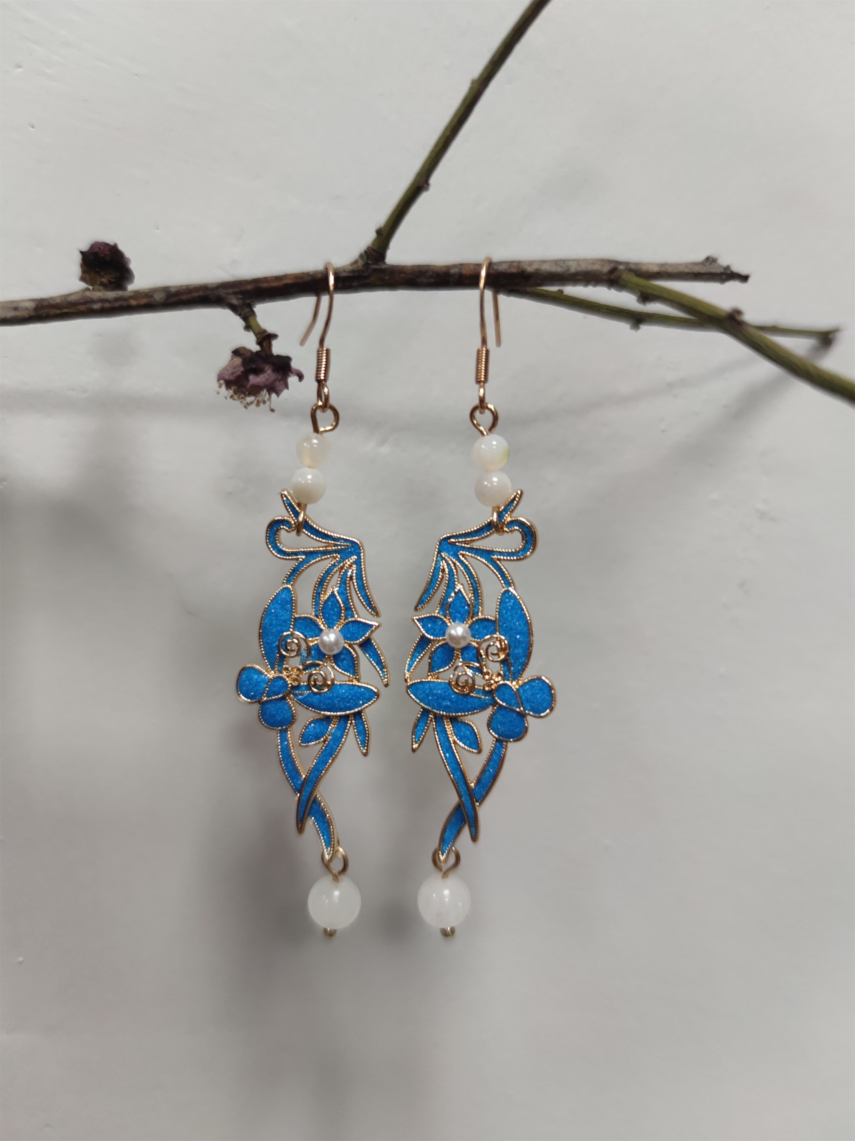 青荇手工蝶恋花珐琅景泰蓝古风耳环汉服配饰耳饰diy材料包