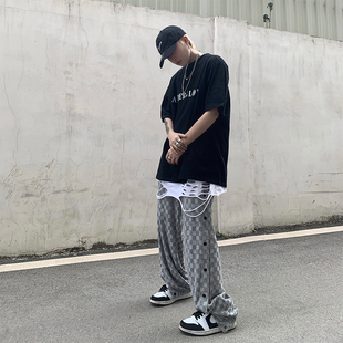 高街潮流牌休闲长棋盘格子排扣卫裤子男夏季薄款宽松束脚新款痞帅