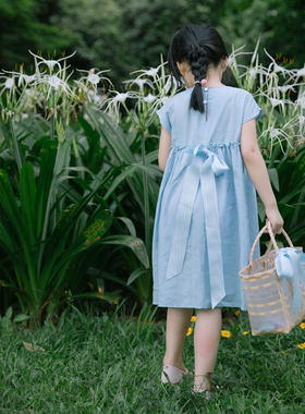 原创设计童装女童宝宝休闲蓝色仙气大蝴蝶结无袖连衣裙夏季可爱款