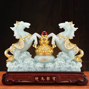新款双马聚宝盆仿玉石马摆件招财客厅办公室装桌面摆设乔迁招财礼