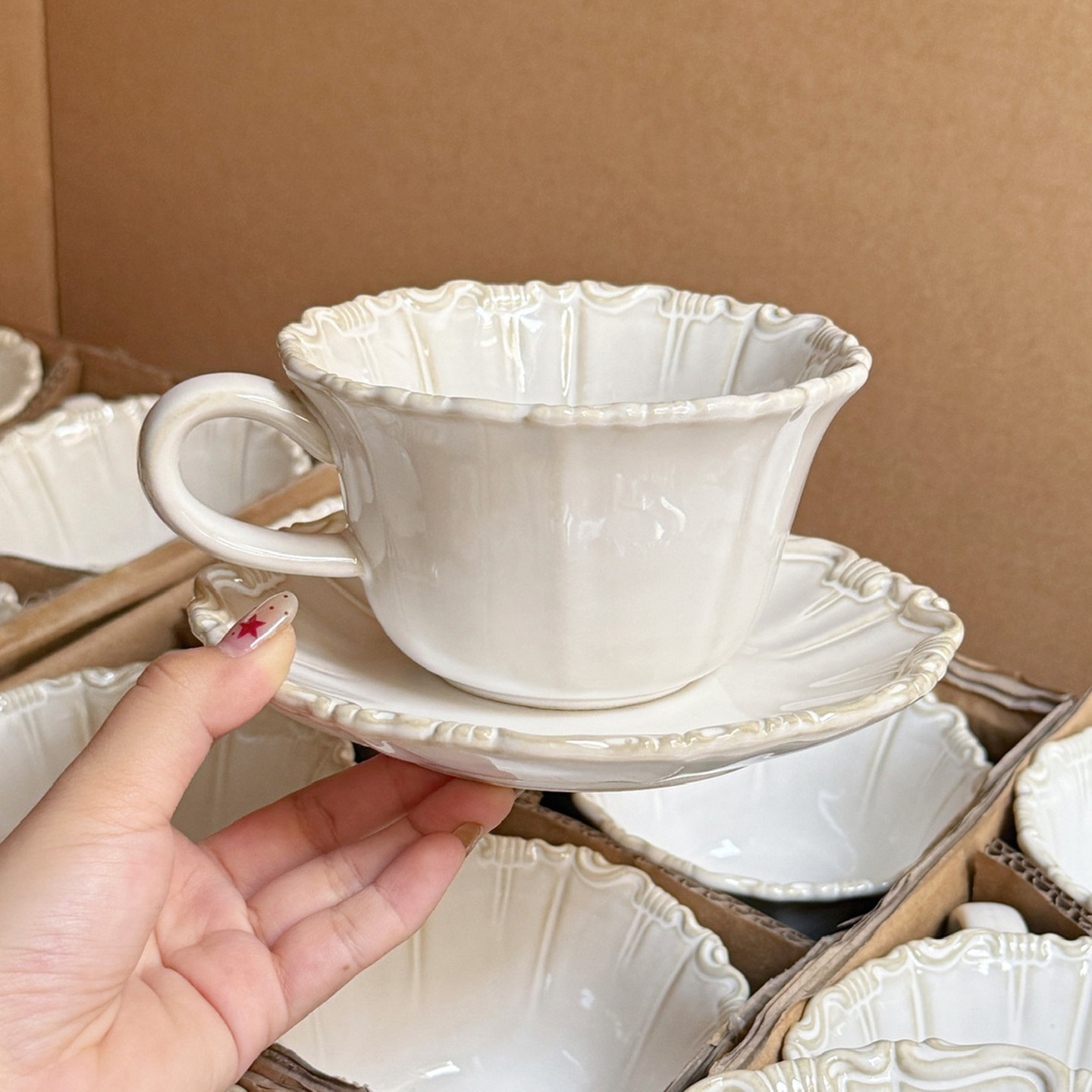 窑变复古浮雕陶瓷咖啡杯碟套装下午茶杯拿铁杯子拉花马克杯办公室