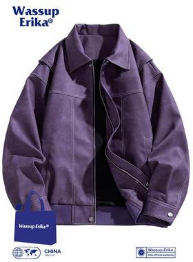 WASSUP ERIKA复古紫色PU皮夹克男秋季痞帅机车服外套高街翻领皮衣