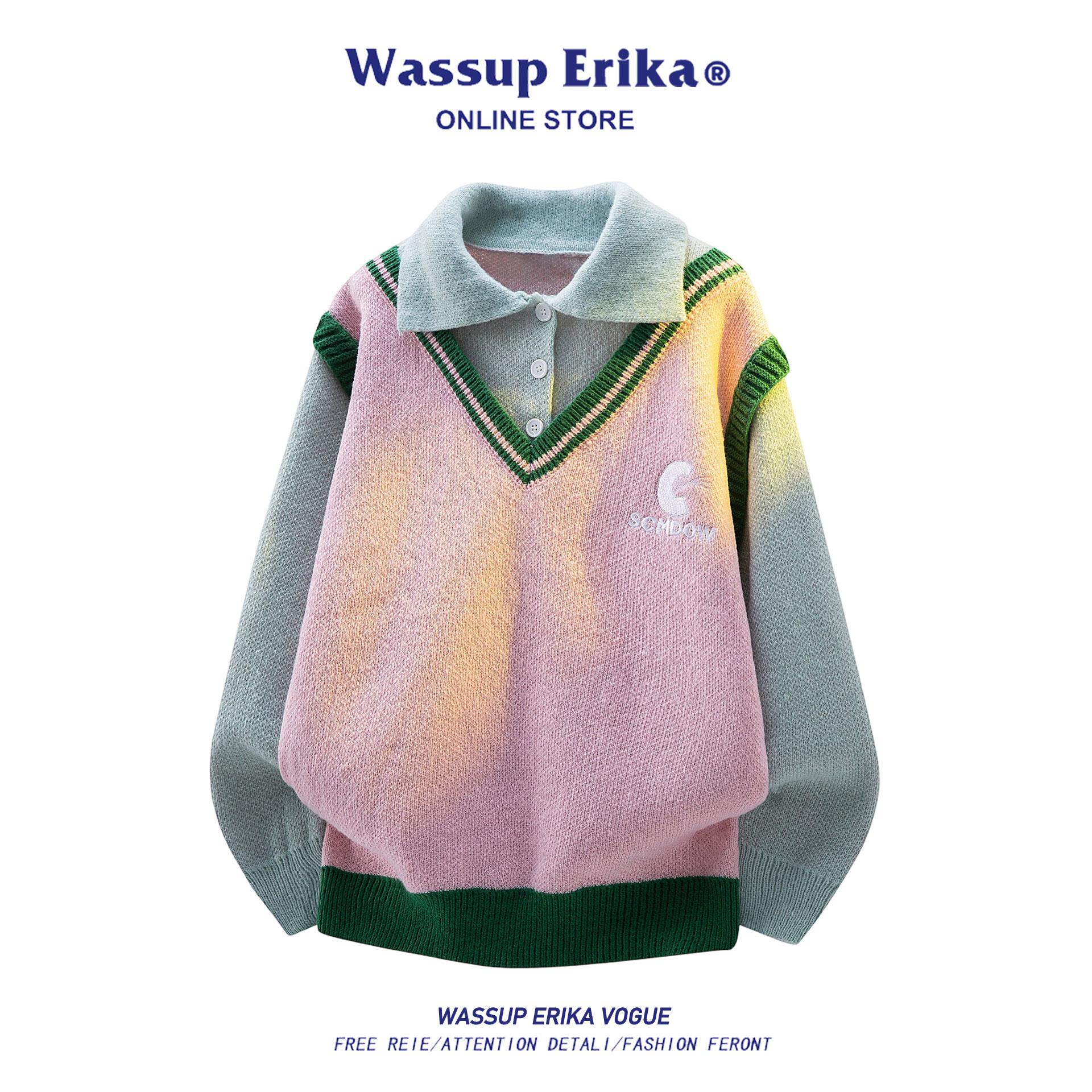 WASSUP ERIKA韩系学院风上衣男女秋冬假两件粉色毛衣超好看针织衫