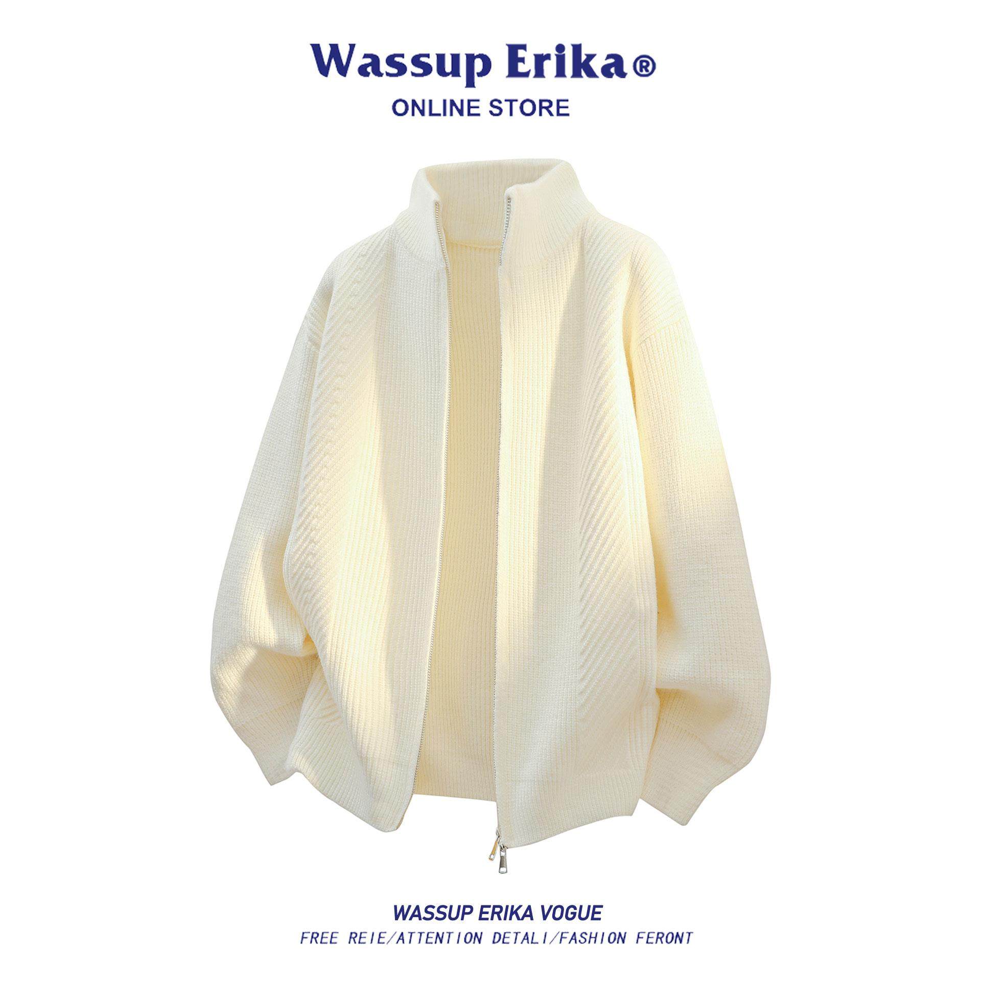WASSUP ERIKA拉链开衫毛衣男秋冬季慵懒高级休闲白色立领针织外套