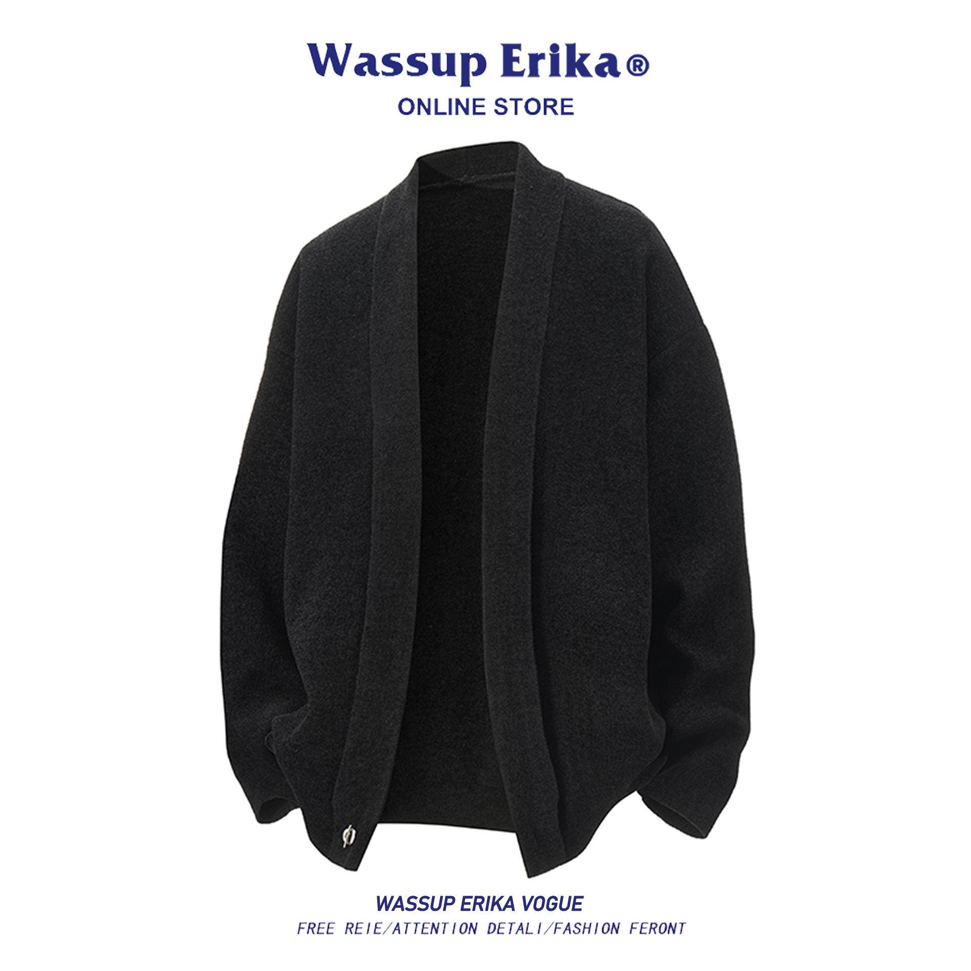 WASSUP ERIKA日系简约黑色开衫针织衫男秋季休闲百搭情侣毛衣外套