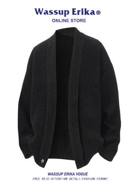 WASSUP ERIKA日系简约黑色开衫针织衫男秋季休闲百搭情侣毛衣外套
