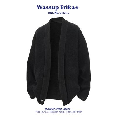 WASSUP ERIKA日系简约黑色开衫针织衫男秋季休闲百搭情侣毛衣外套