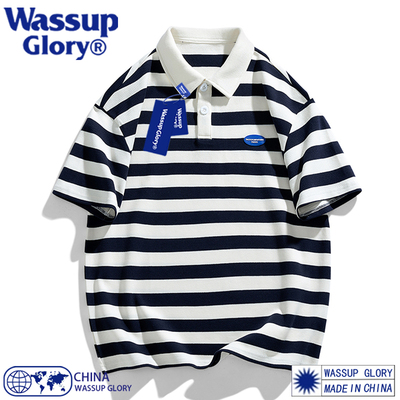 WASSUP GLORY日系条纹短袖polo衫男夏季潮牌痞帅t恤宽松休闲上衣