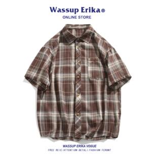 WASSUP ERIKA美式复古格子衬衫男生2025年夏季设计感休闲短袖上衣