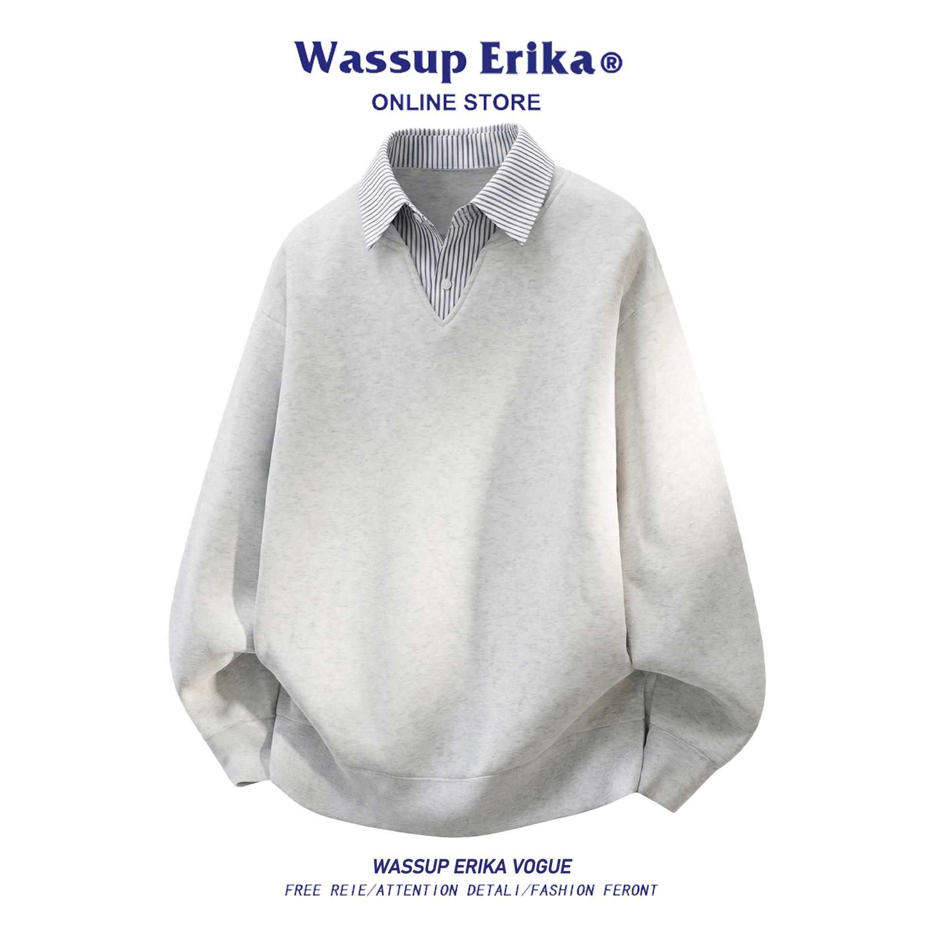 WASSUP ERIKA美式拼色条纹假两件卫衣男士春秋宽松翻领休闲打底衫