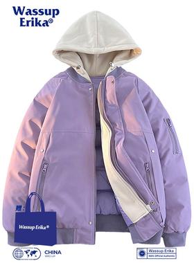 WASSUP ERIKA美式紫色保暖棉衣男冬季高街连帽外套休闲加厚棉服女
