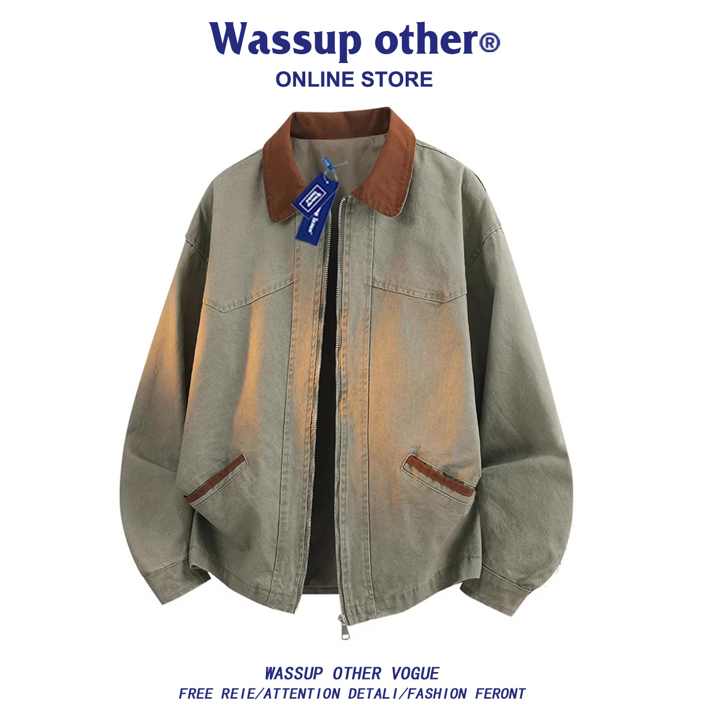 WASSUP OTHER美式大码翻领夹克男款春秋休闲情侣工装外套男棒球服