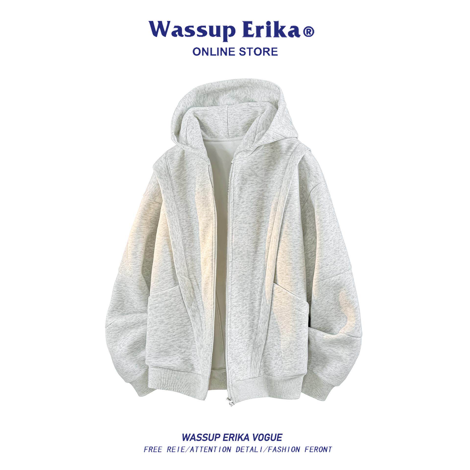 WASSUP ERIKA美式灰色连帽外套男秋季重磅高级感解构小众开衫卫衣