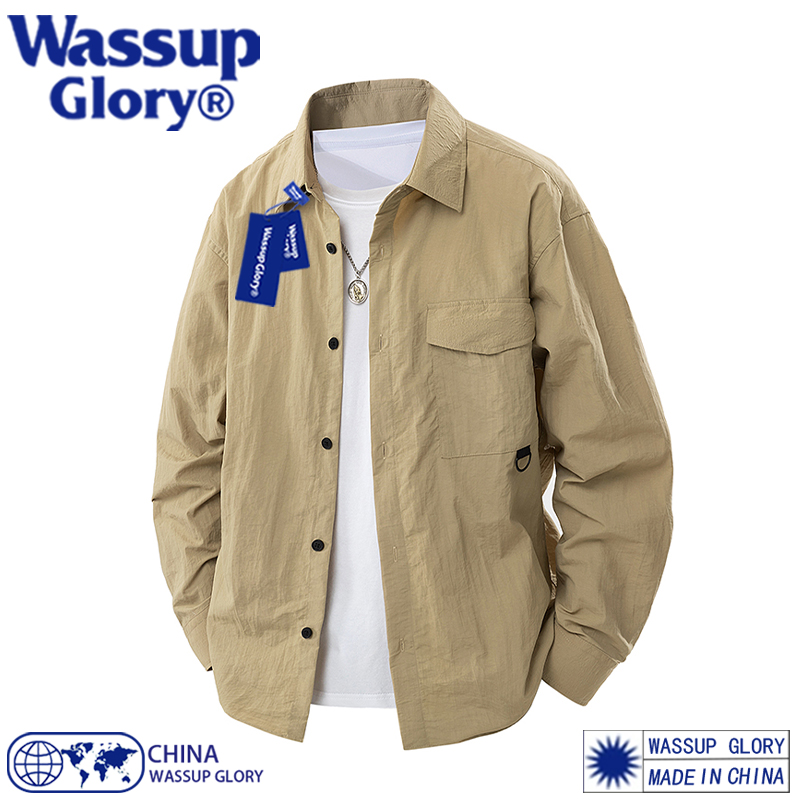 WASSUP GLORY冰丝长袖衬衫男夏季薄款宽松休闲衬衣卡其色工装外套