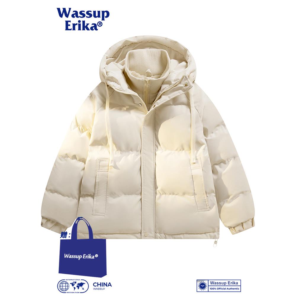 WASSUP ERIKA日系假两件连帽外套男冬季保暖羽绒棉服情侣加厚棉衣